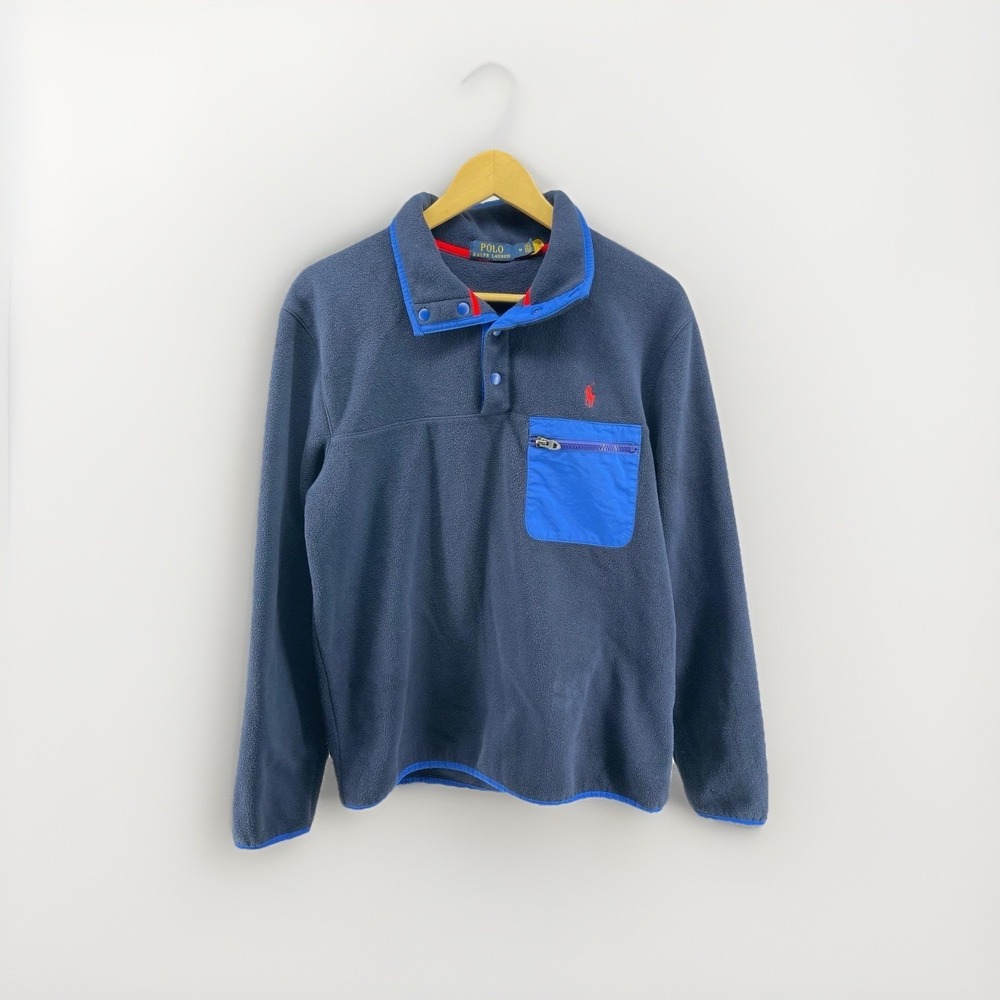 Polo Ralph Lauren Fleece Pullover Mens M Blue Snap Button Pocket Logo